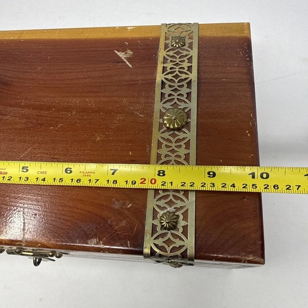 Vintage Cedar Wood Keepsake Box Brass Hardware Footed Trinket Chest Jewelry Box